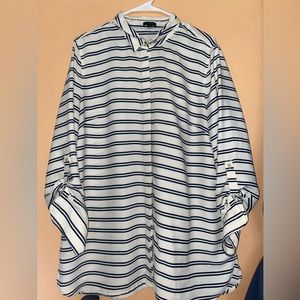 Talbots button down navy blue and white striped long sleeved blouse
